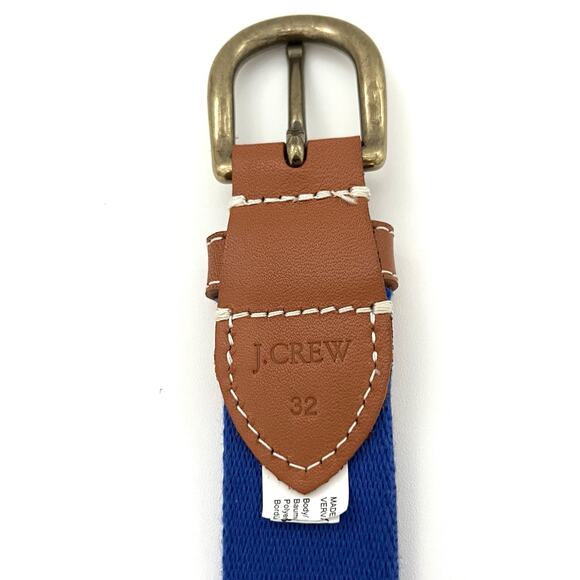 J Crew Blue Cotton Brown Leather Belt w Brass Buckle Size 32 Classic Preppy EUC - Picture 4 of 4